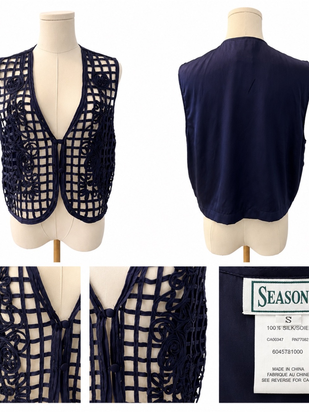 Navy Silk Openwork Vest - Women